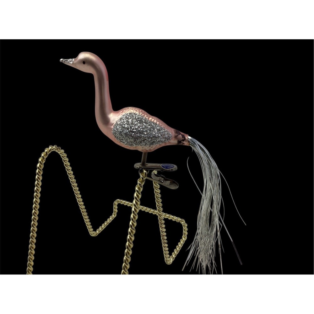 Vtg  German Pink Glass Clip On Bird Swan Christmas Ornament Silver Glitter